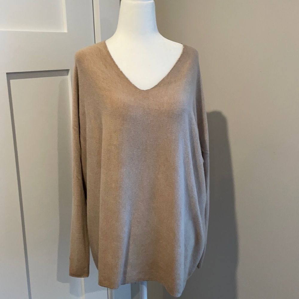 Beige camel Tan Metallic Gold trimmed V-Neck Sweater never worn perfect for fall